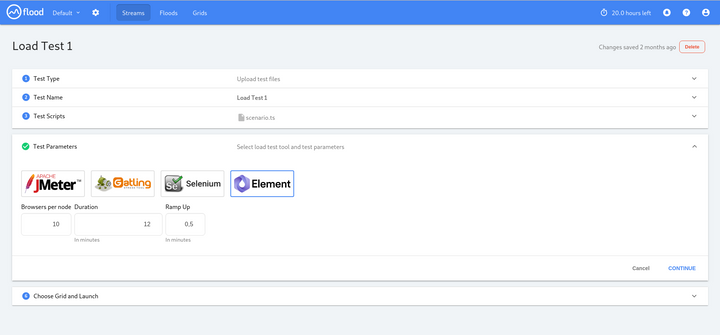 Flood.io screenshot showing a form to start a launch a test