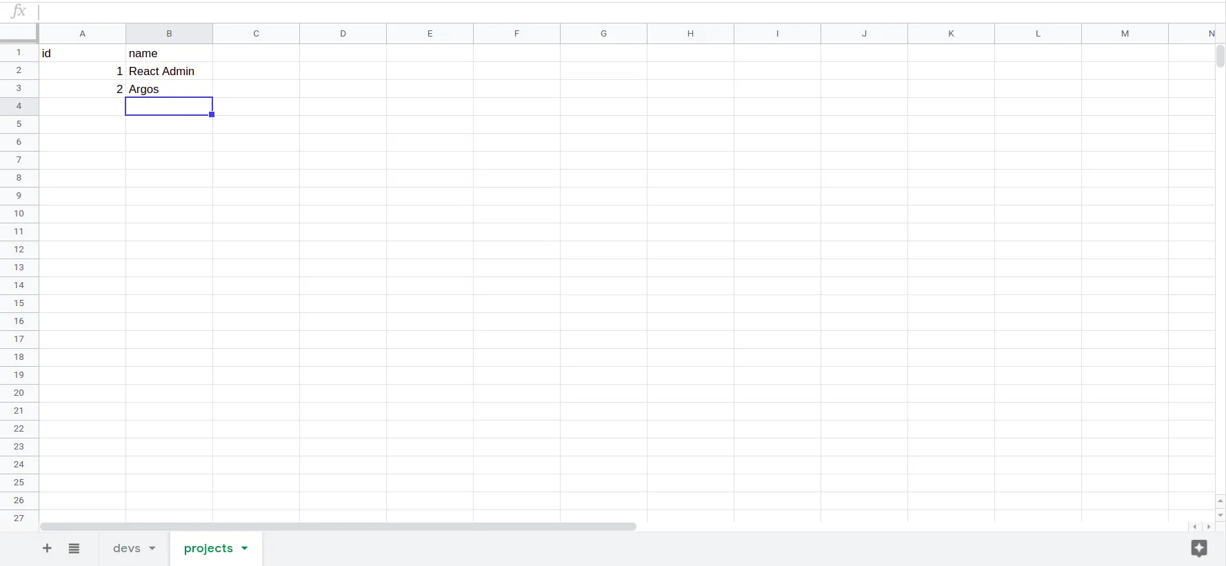 Projects Spreadsheet