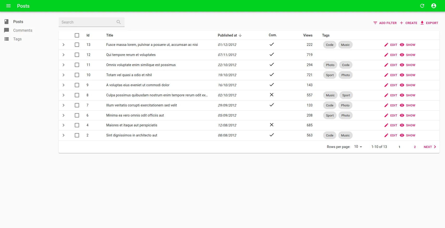 Interface with the palette