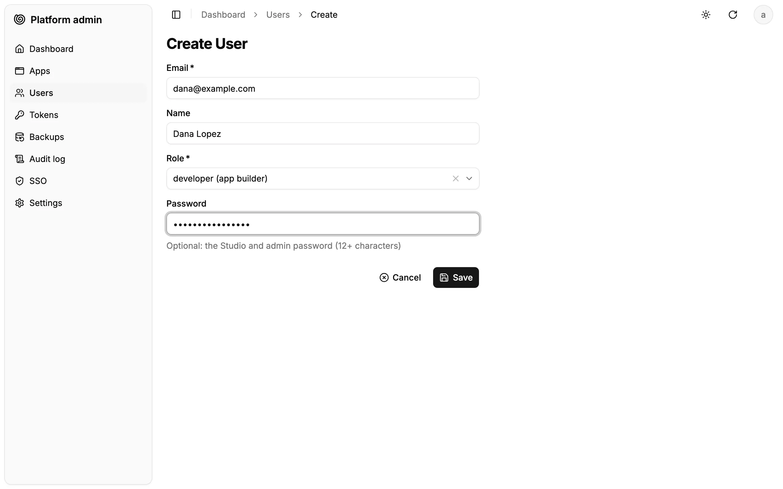 The admin creates Dana's account