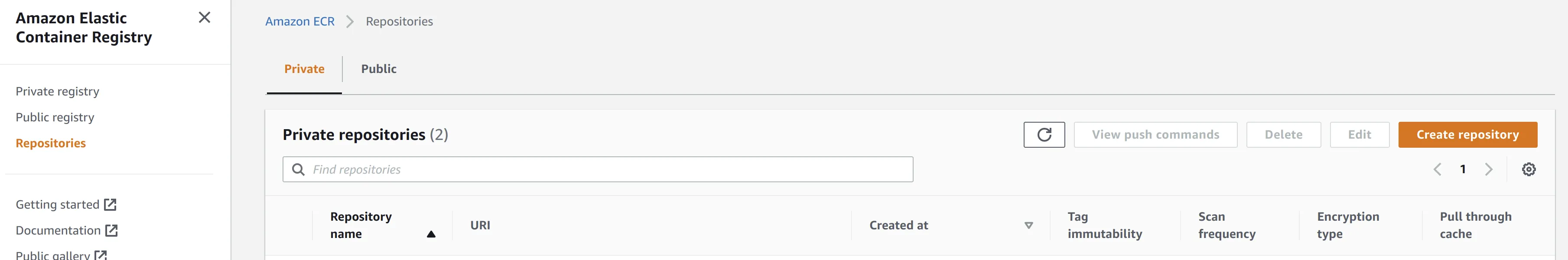 AWS Elastic Container Registry homepage