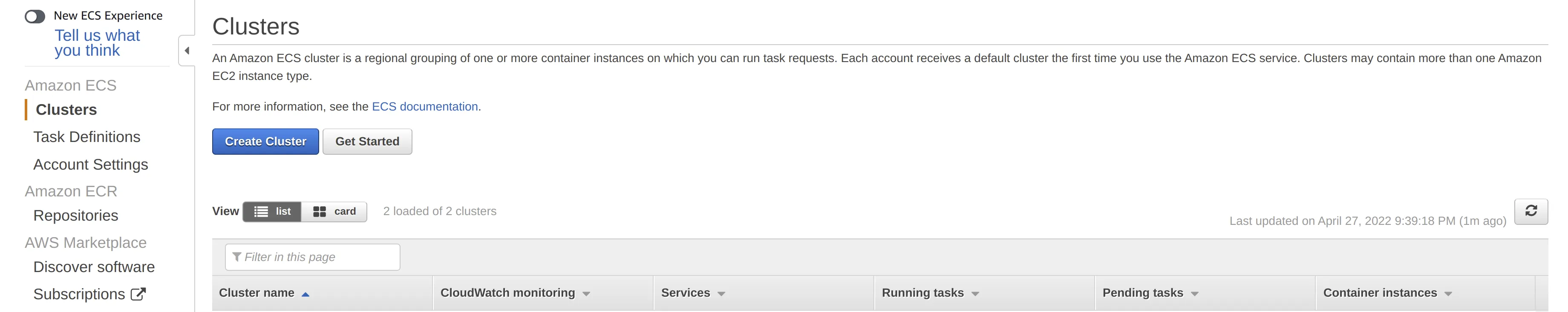 AWS Elastic Container Service homepage