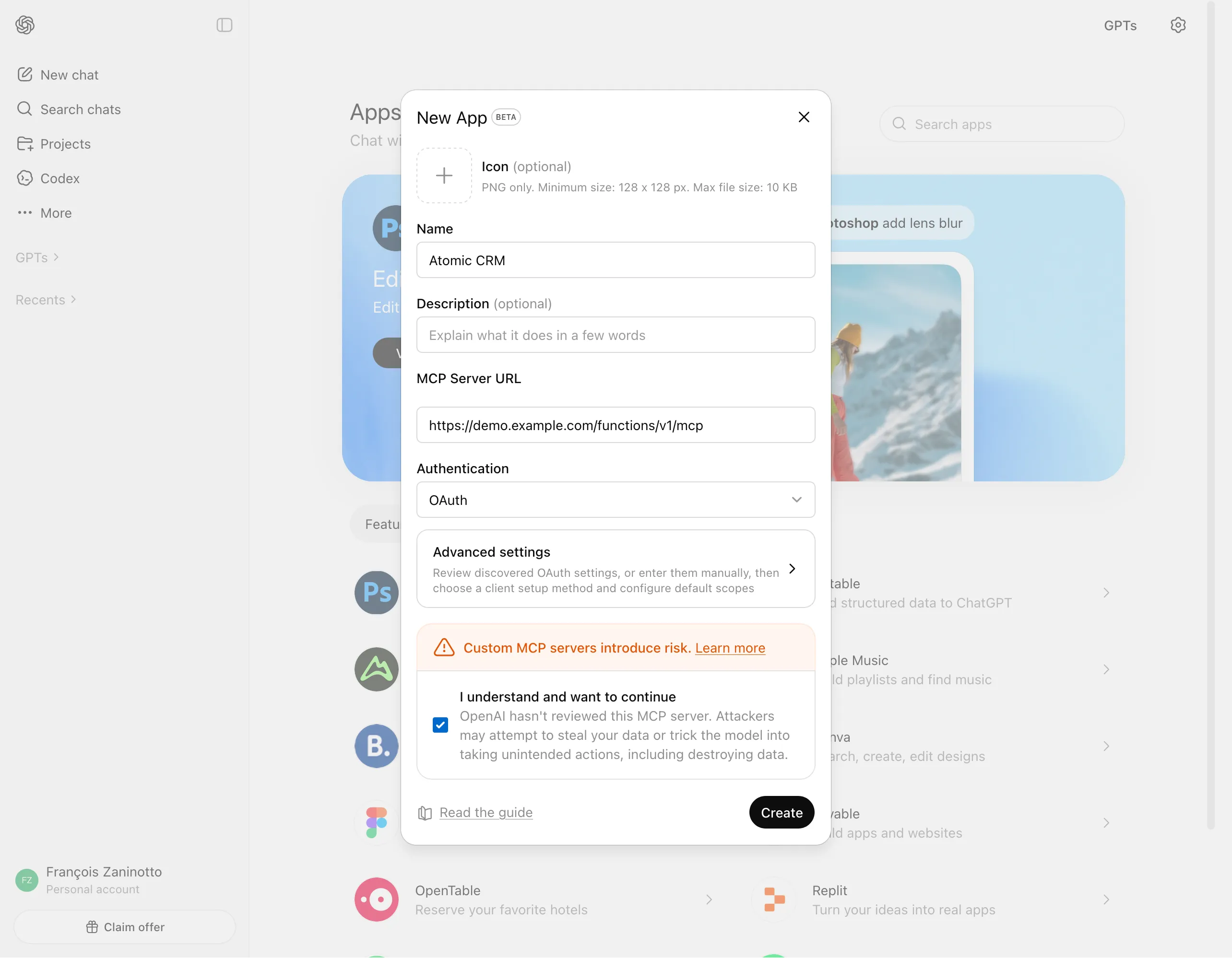 Add Atomic CRM MCP to Chat GPT