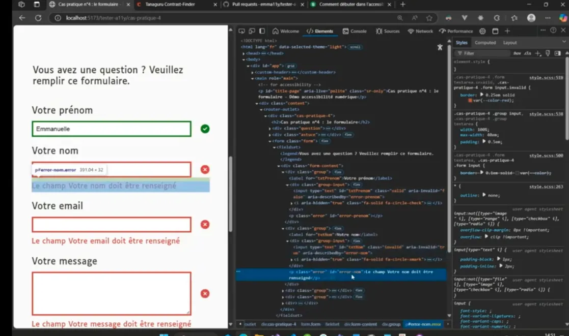 Accessibilité des formulaires : écran montrant un formulaire ou les champs valides sont verts avec un icône check, et les champs invalides sont rouges avec un icône choix et un message explicite