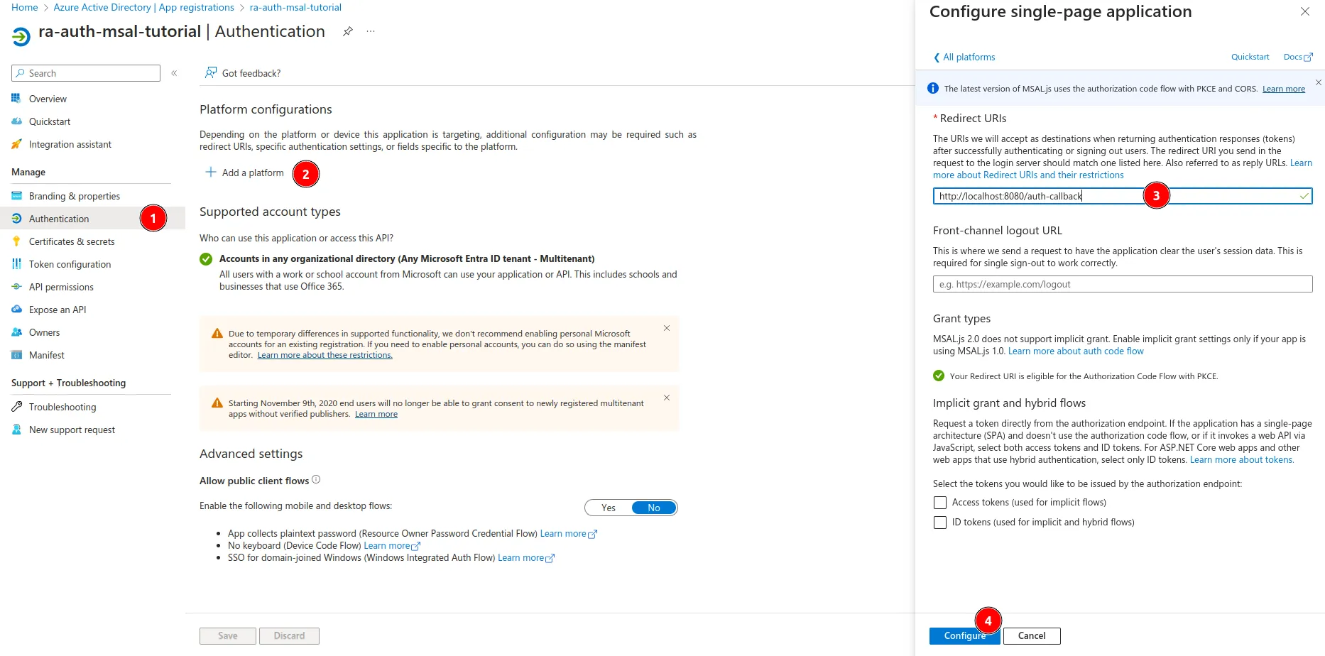 Azure Active Directory add platform screenshot