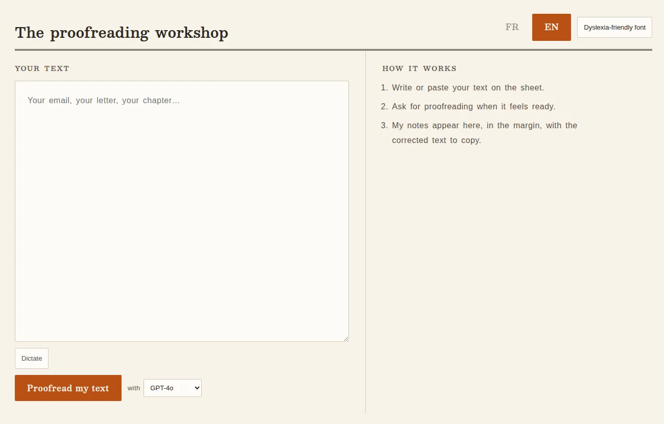 The writing assistant: user text on the left, annotated correction on the right