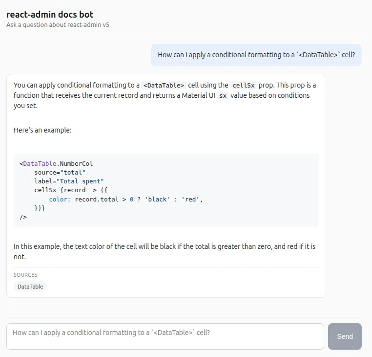the chat application answering questions about technical topics