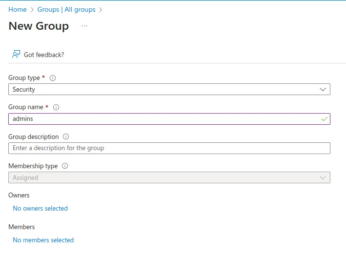 Azure Active Directory create group screenshot