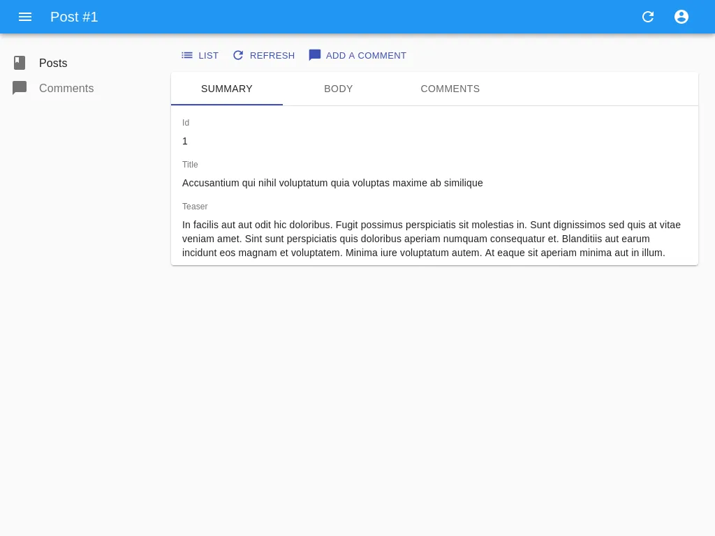 The show page with the create comment button inside its actions bar