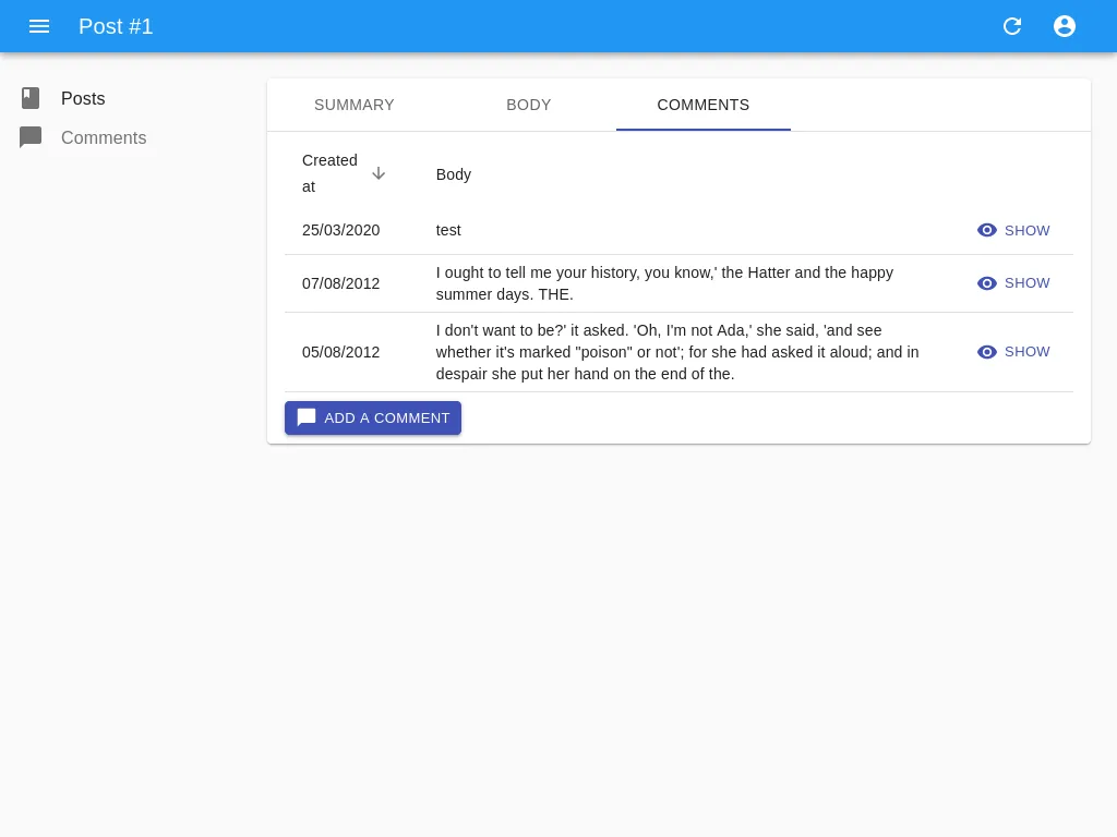 The show page with the create comment button below the comments table inside the comments tab