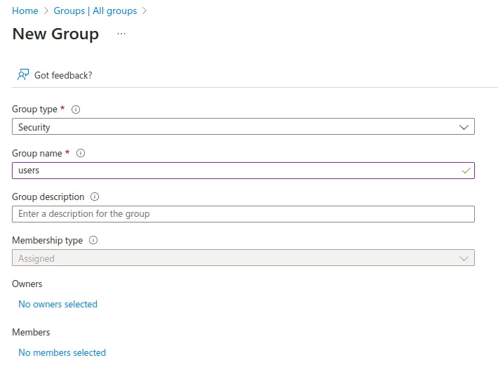 Azure Active Directory create group screenshot