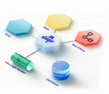 Schéma de Dapr : des briques hexagonales connectées portant les mentions : App, Workflow, Message broker, Database