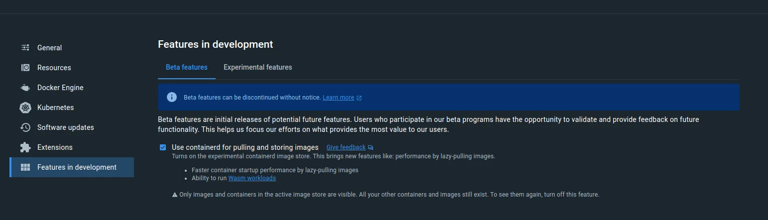 Docker experimental settings