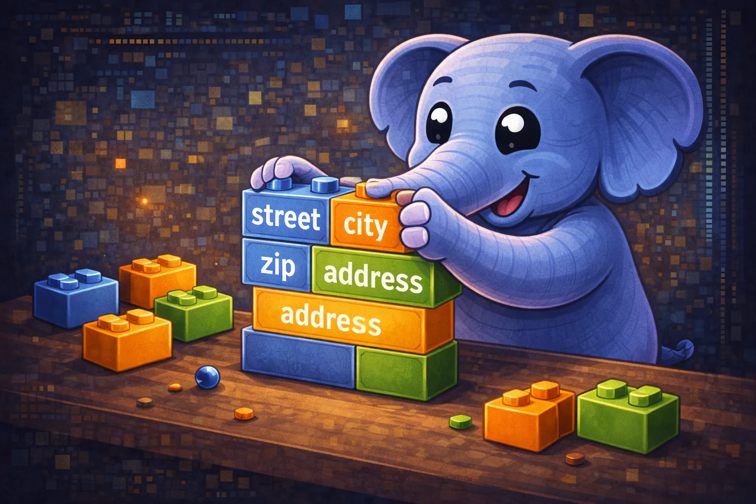 Elephant building a complex structure with lego blocks