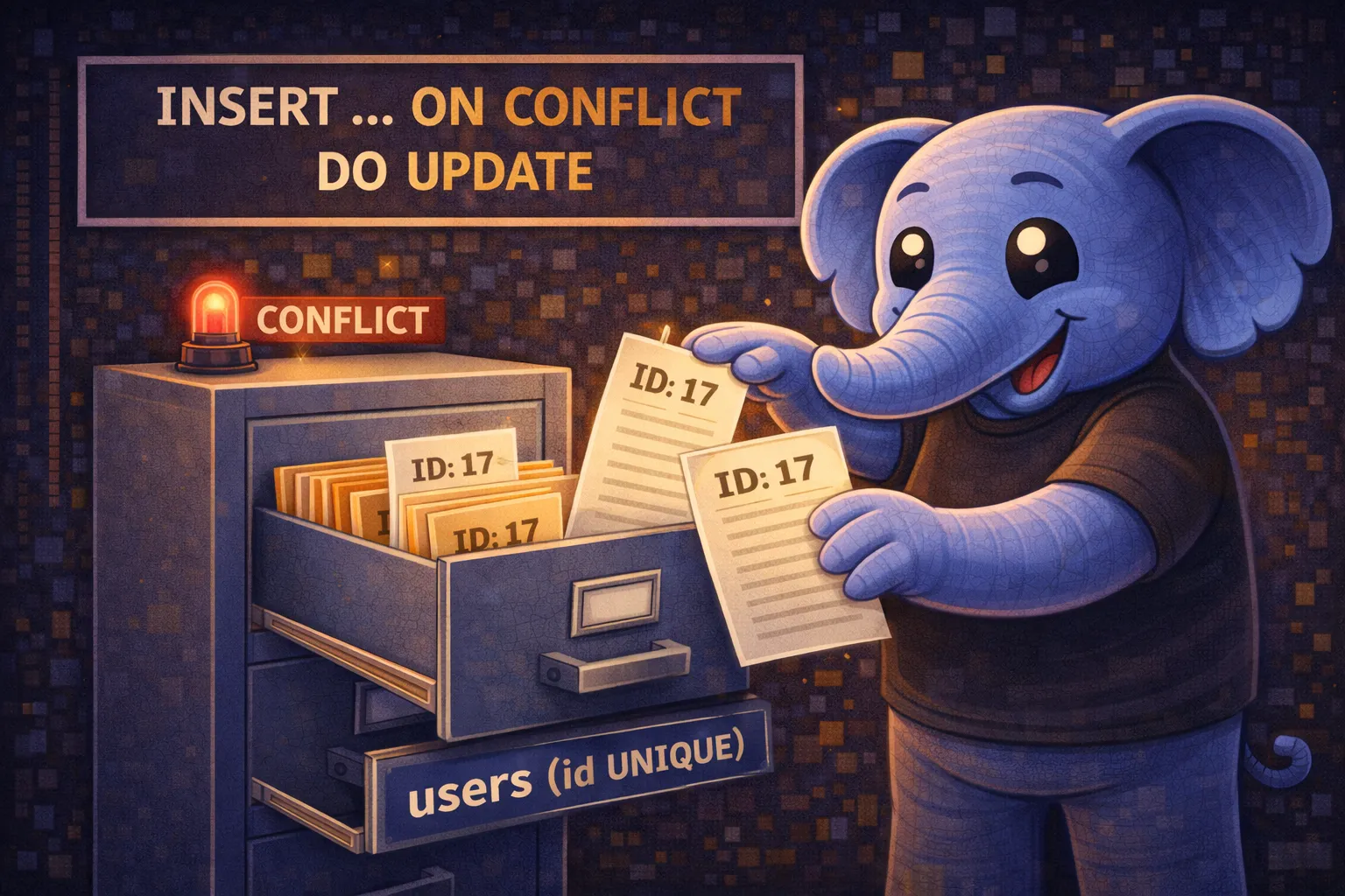 Elephant inserting an envelope into a file cabinet