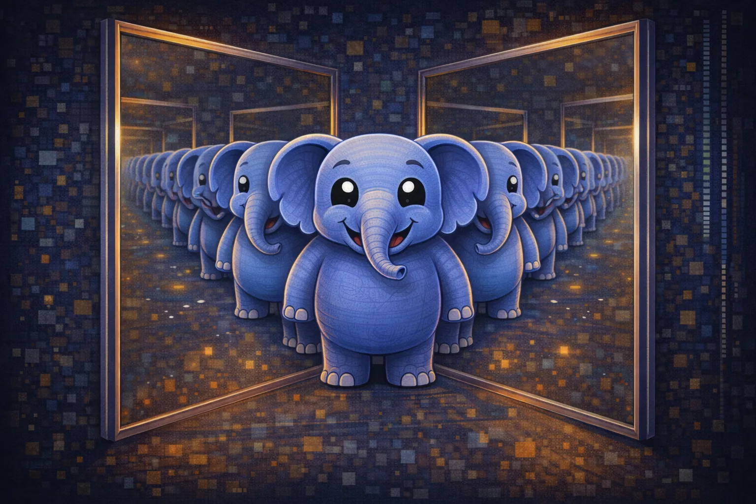 Elephant standing in front of two mirrors, displaying infinite reflections