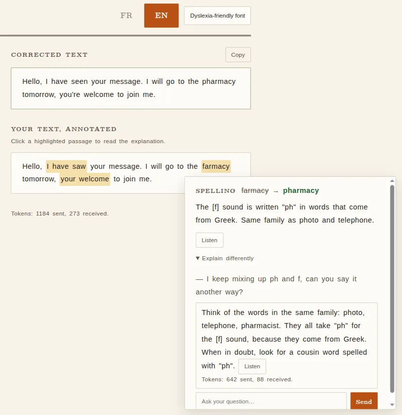 The mini chat on a mistake card: the user asks for another trick, the coach answers with the ownership test