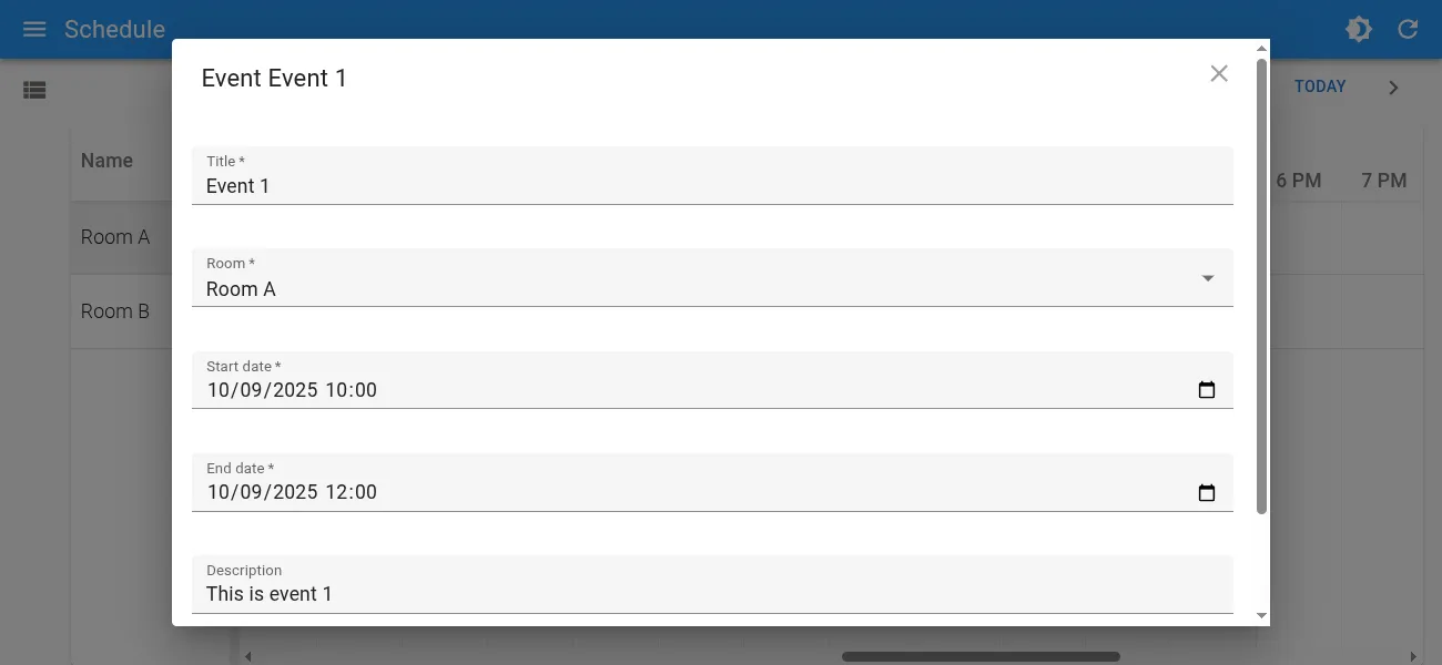 The events page showing a dialog to edit an event
