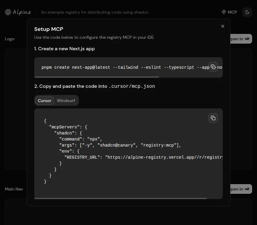 Example setup instructions from alpine registry
