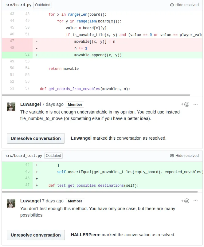 Commentaires sur une PR