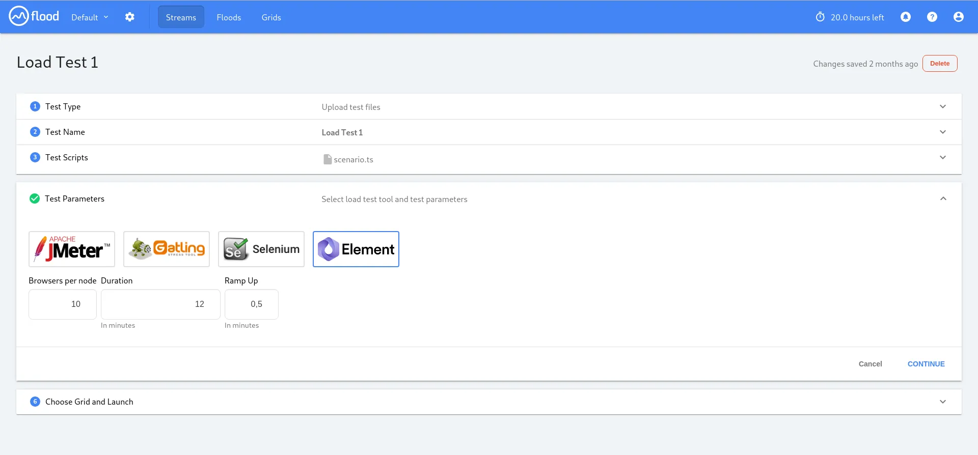 Flood.io screenshot showing a form to start a launch a test