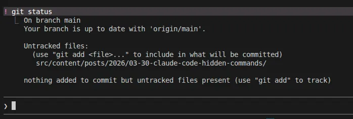 Running git status directly inside Claude Code with the ! prefix