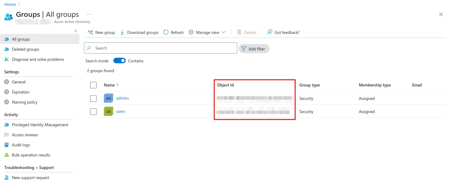 Azure Active Directory groups list