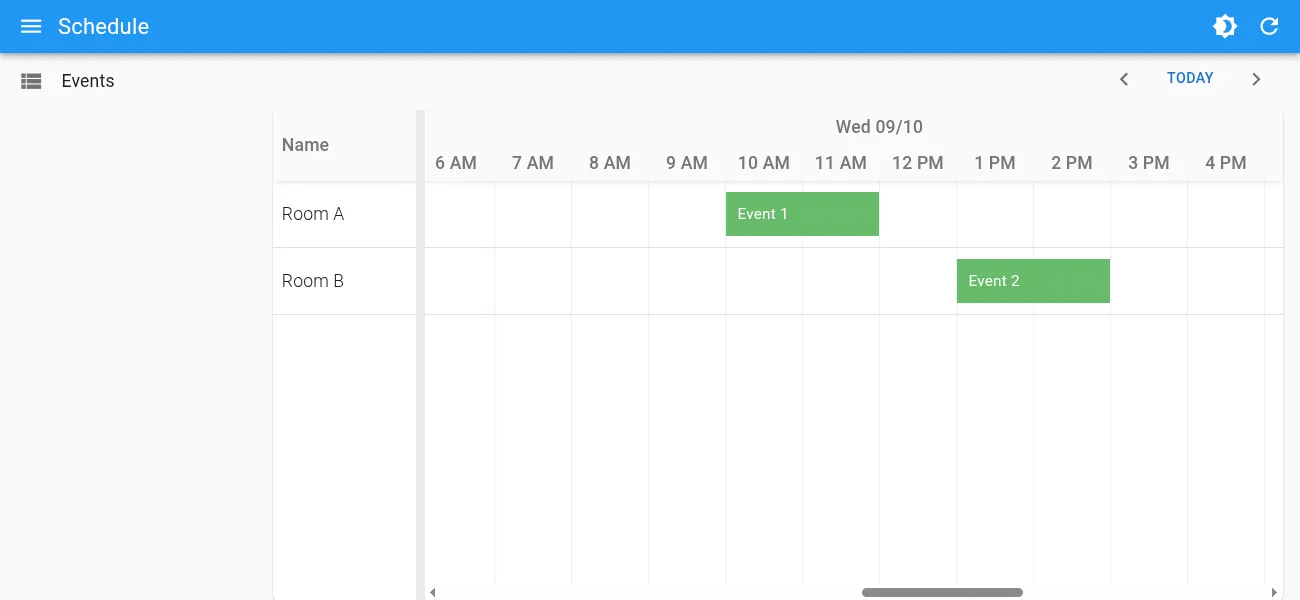 The events page showing a scheduler with two events