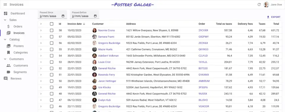 React admin invoices list