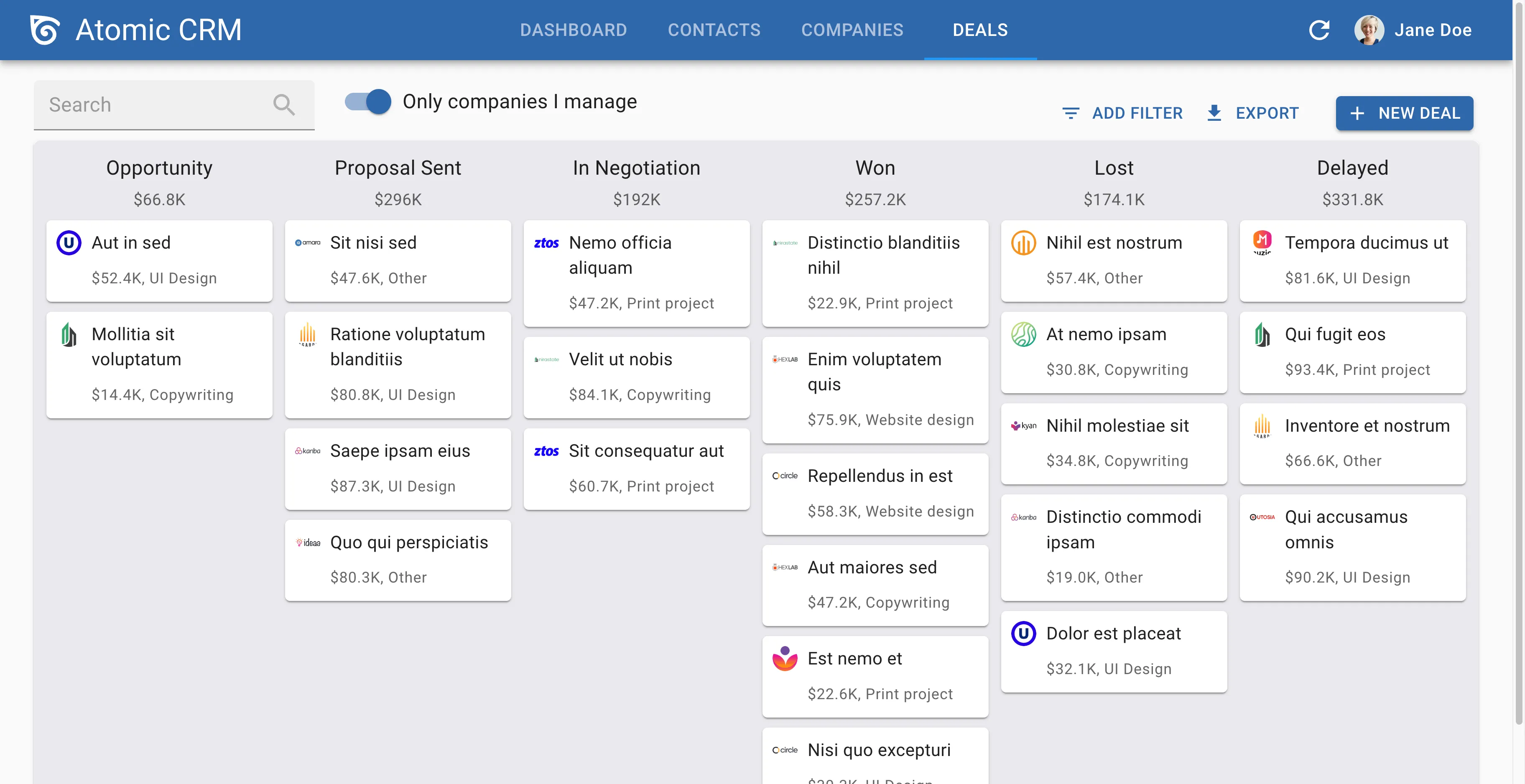 Atomic CRM Deals board