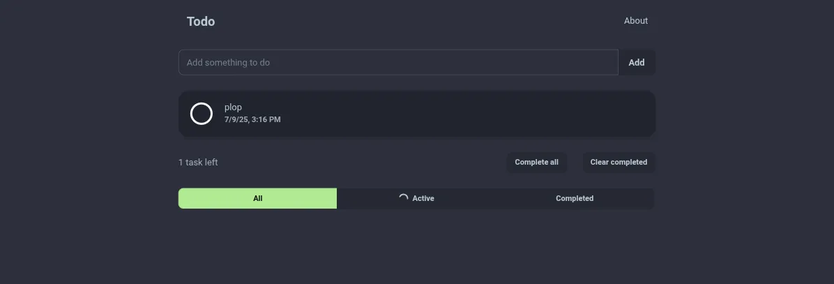 The tasks page with the All link in active state and the Completed link in loading state
