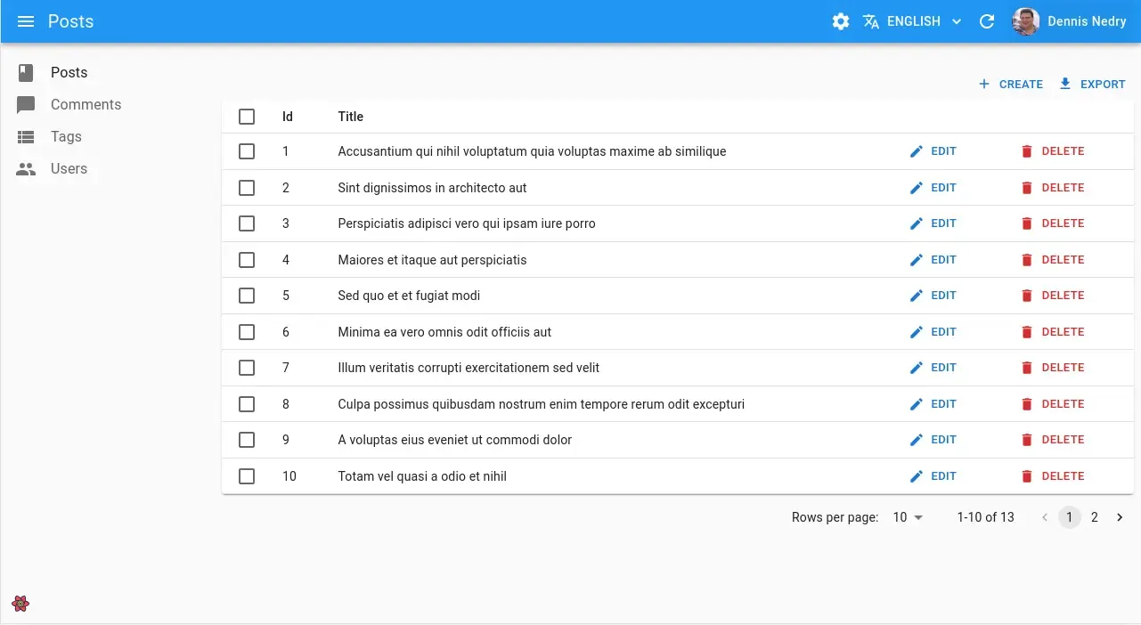 A list view that shows data in a datagrid with react-admin