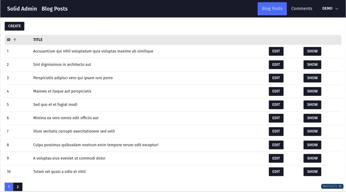 A list view that shows data in a datagrid