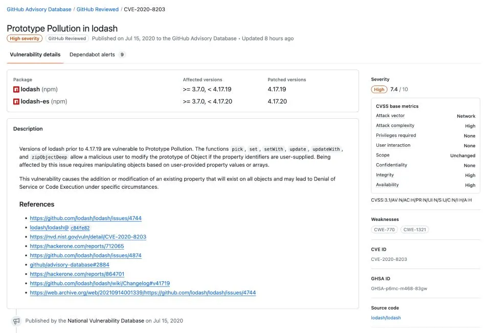 Security advisory for lodash