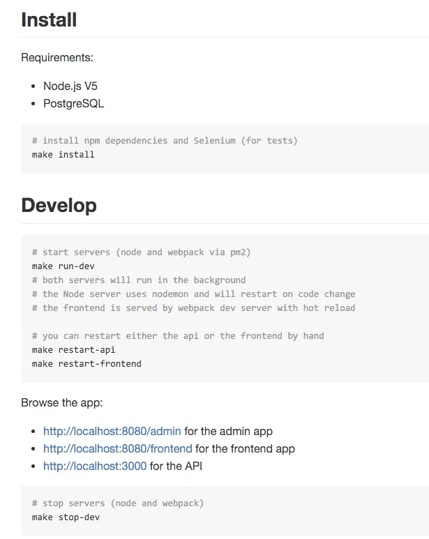 make targets explained in readme