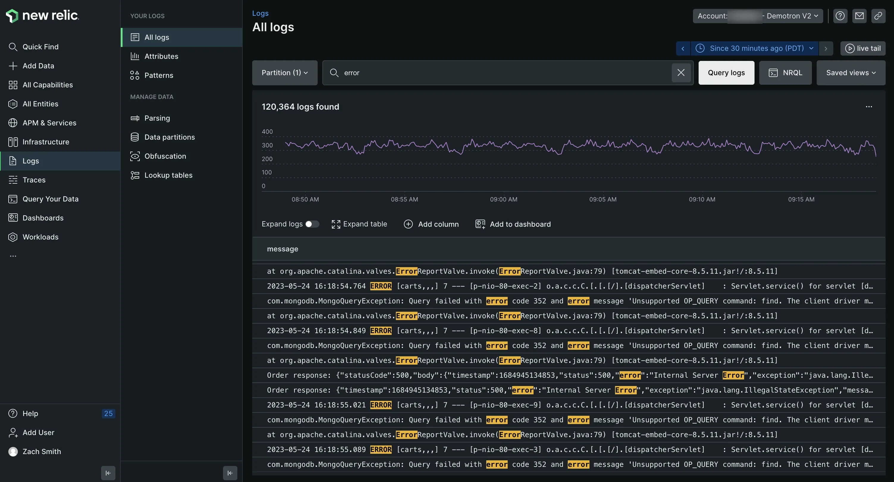 Example of New Relic logs management