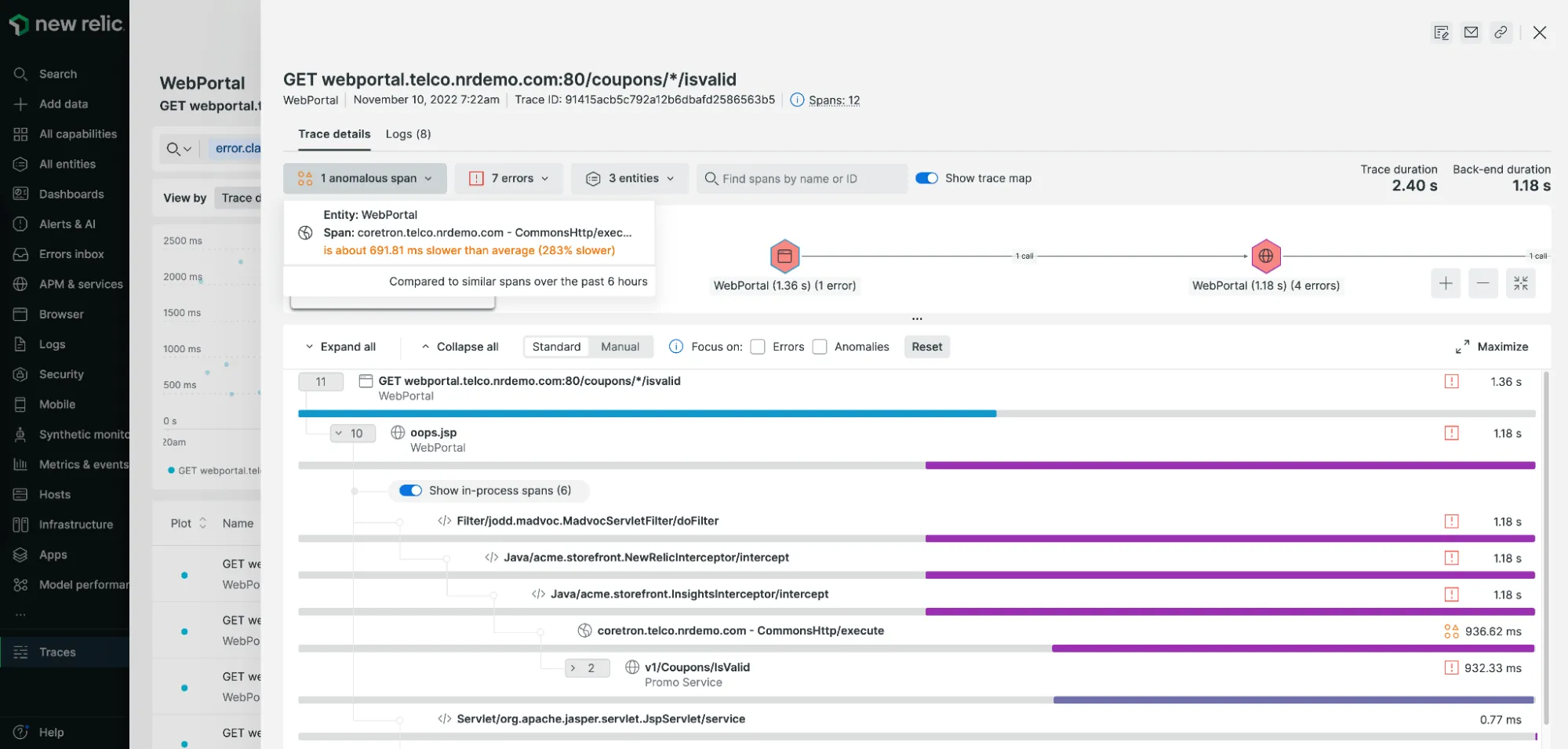 Example of New Relic tracing