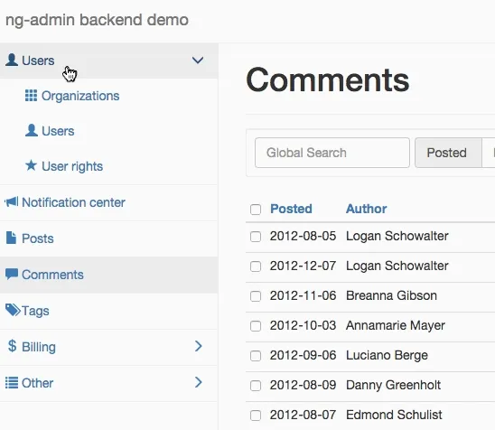 ng-admin menus and submenus