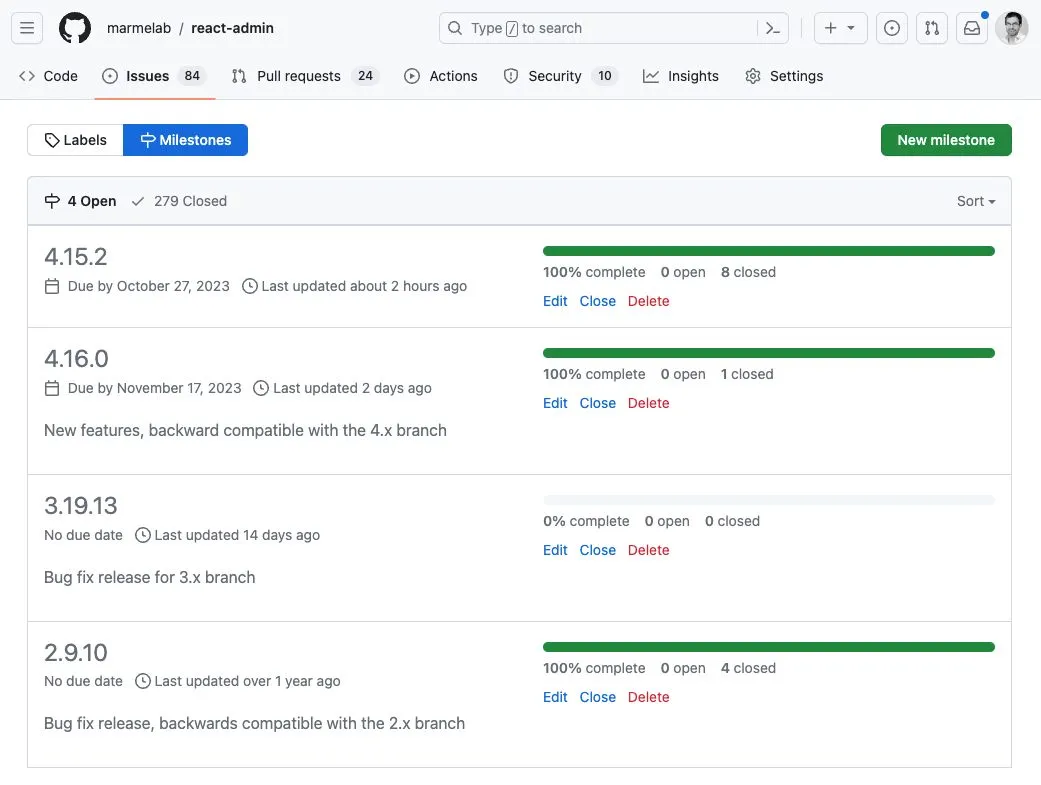 Milestones on react-admin