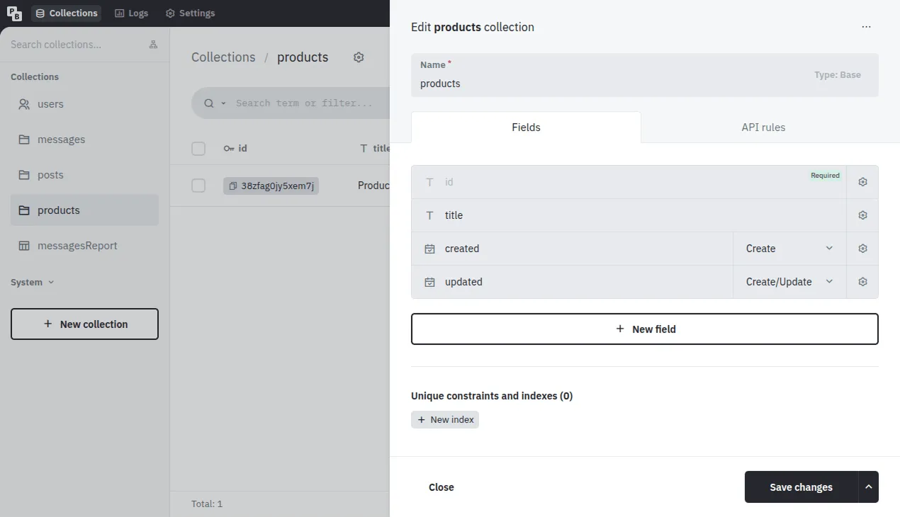 PocketBase admin UI editing a collection