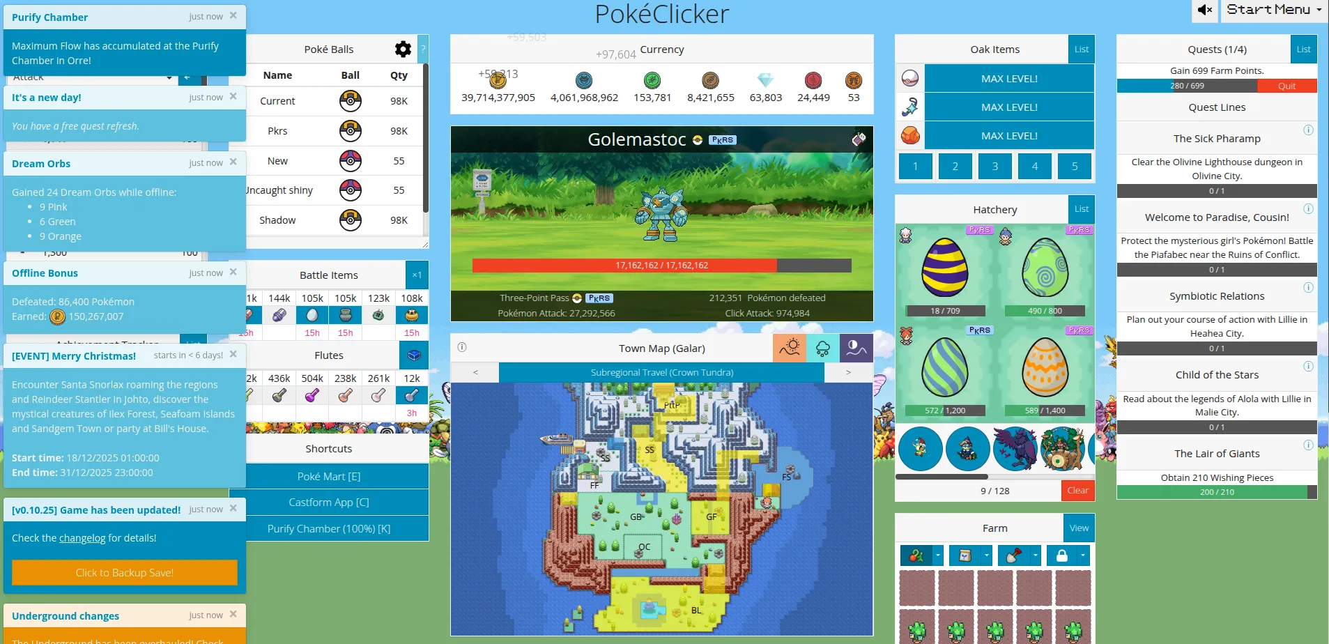 Image du jeu pokeclicker montrant la complexité de l'interface et les notifications