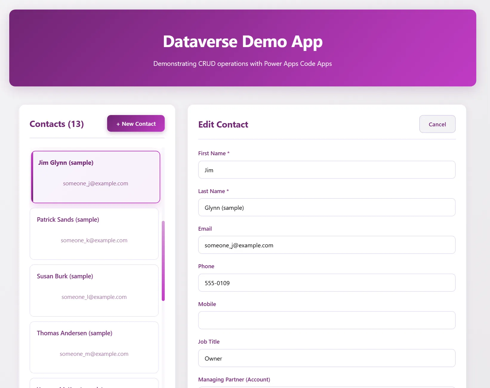 A React CRUD app on Dataverse, running as a Power Apps code app