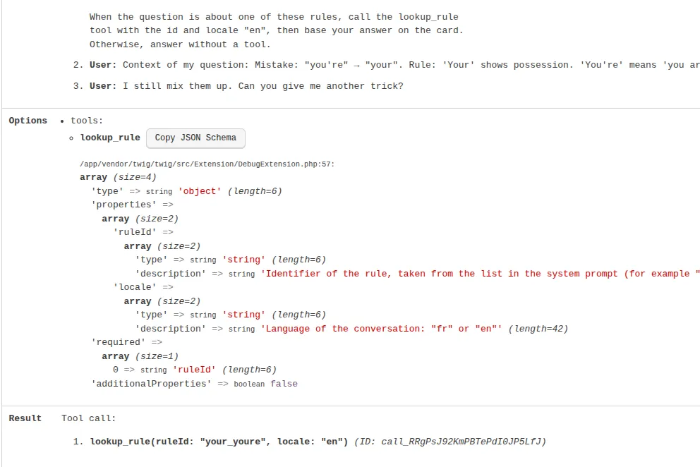 The tool section of the profiler: the lookup_rule JSON schema and the call lookup_rule(ruleId: "your_youre", locale: "en")