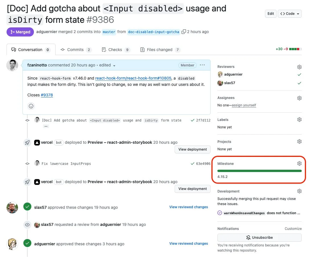 Milestone on a pull request
