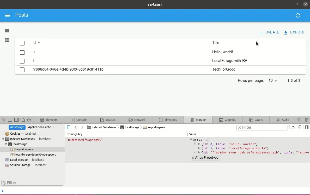 Example of RA application using IndexedDB