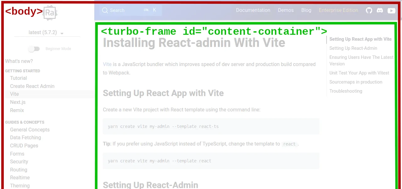 documentation split into Turbo Frames