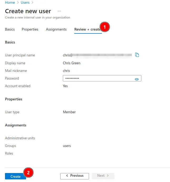 Azure Active Directory review and create user