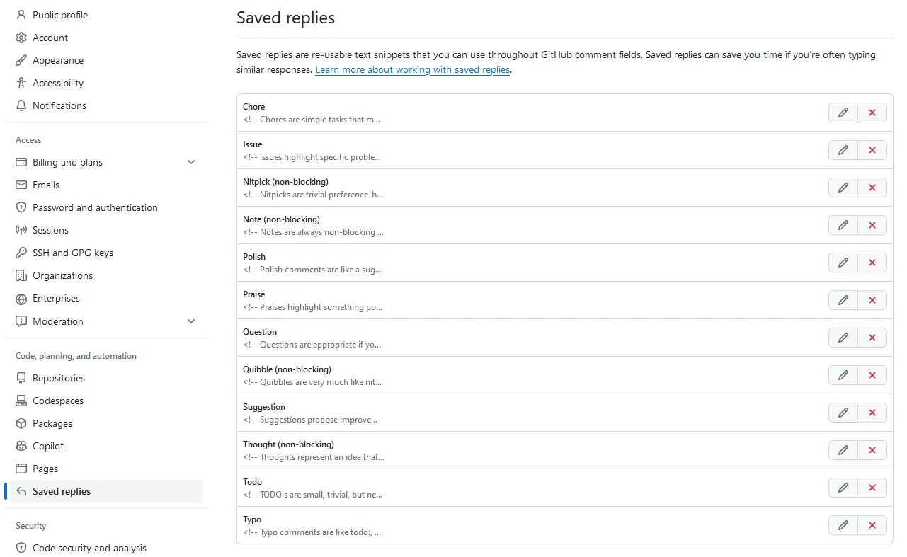 List of saved replies on GitHub