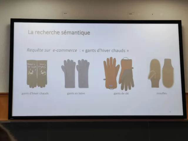 Exemple illustrant la recherche sémantique pour le terme "gants d'hiver chauds", pouvant remonter les produits : "gants d'hiver chauds", "gants en laine", "gants de ski" ou "mouffles"