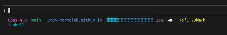 A custom statusline showing model, git branch, working directory, and context usage